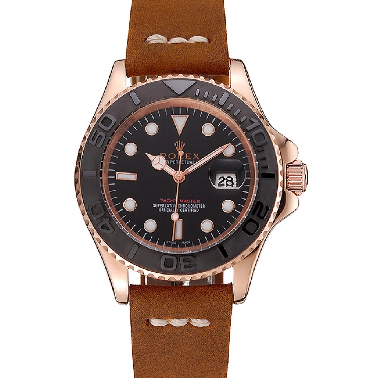 Rolex aaa copy Leather Black 1453861 Rose Case Gold Master Bracelet Rolex Yacht Brown Dial 0616
